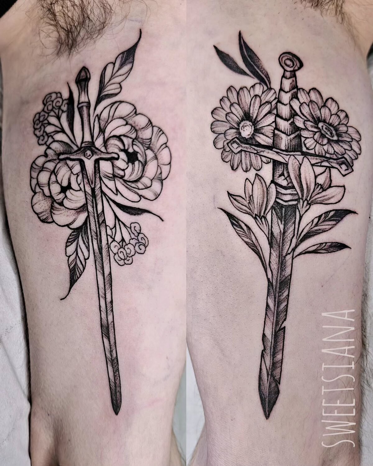 Tatouage blackwork ornemental floral avec croissant de lune sur le buste